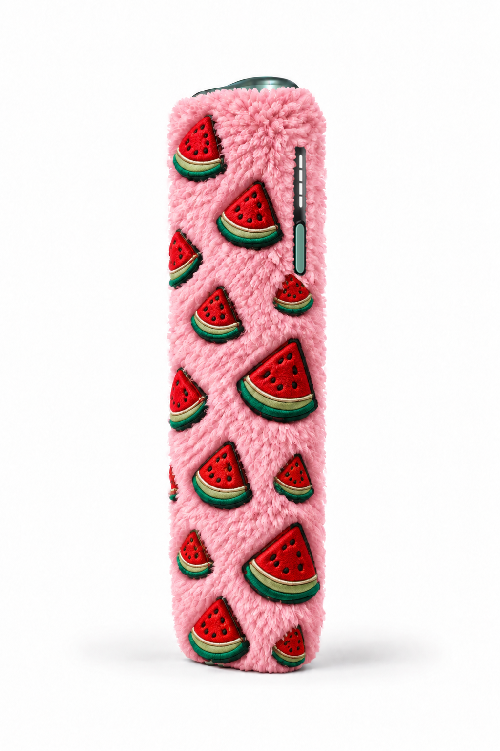 Pink fluffy case with watermelon-slice charms