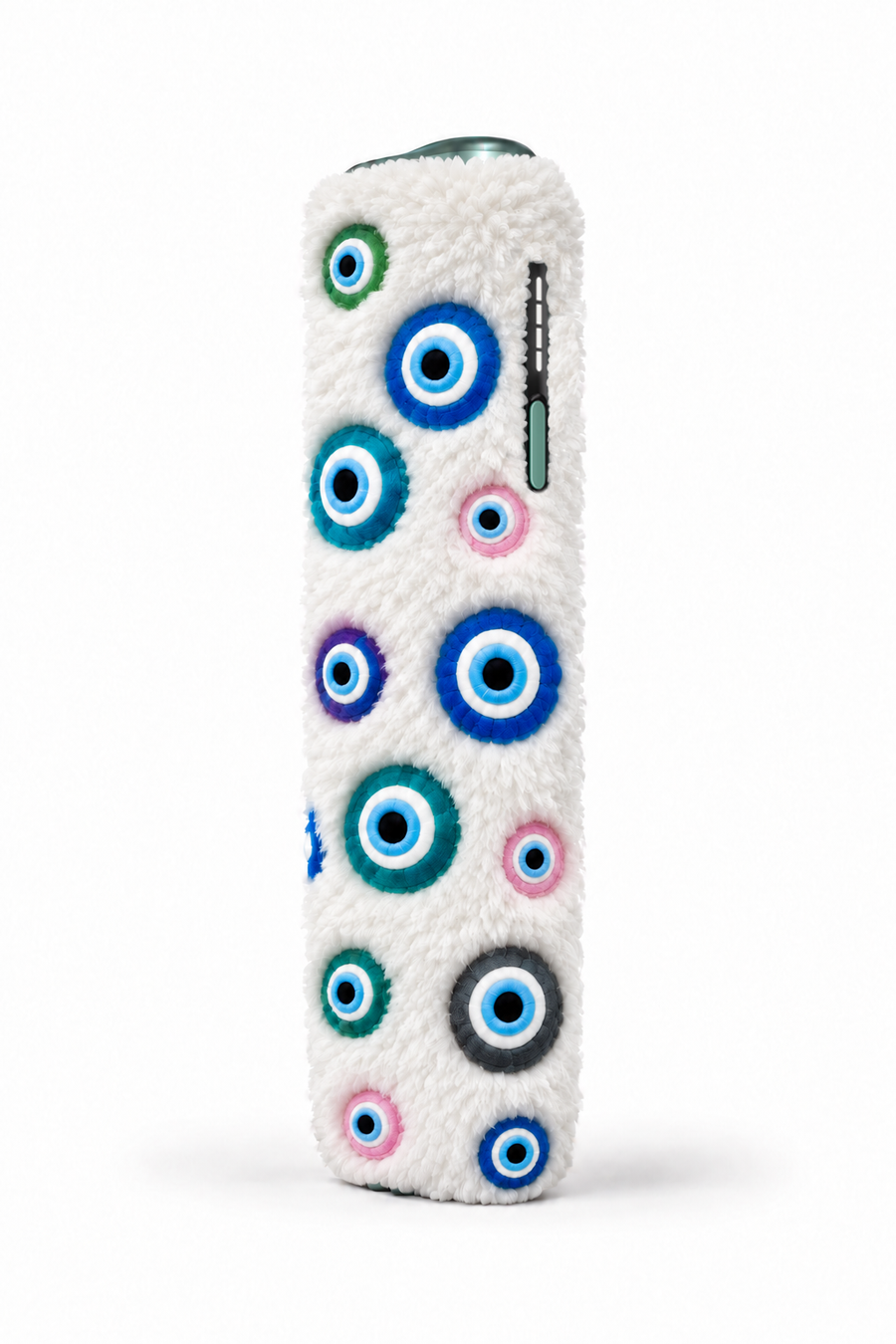 White fluffy case with multicolor evil-eye charms