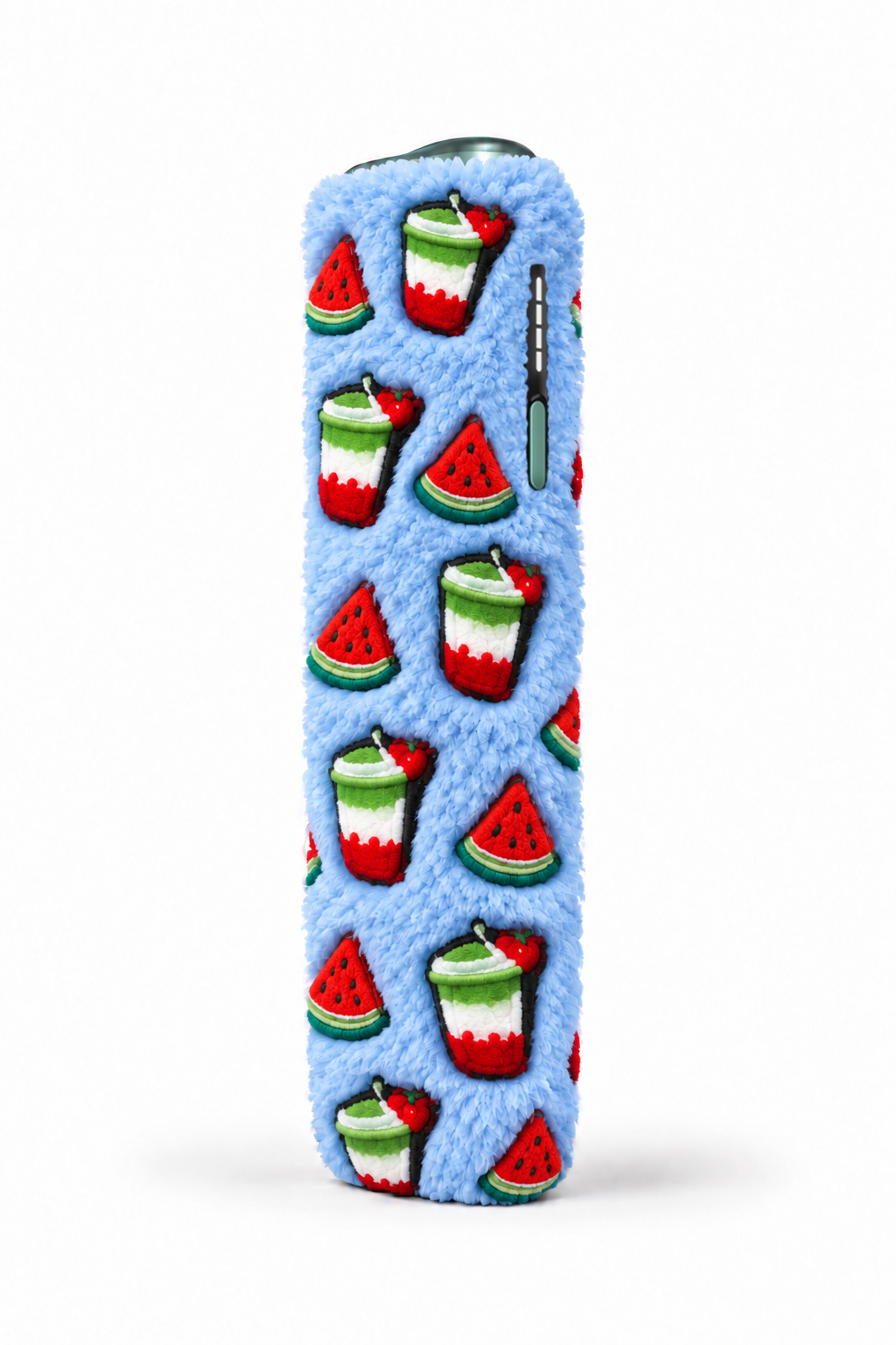 Light-blue fluffy case with watermelon and smoothie charms