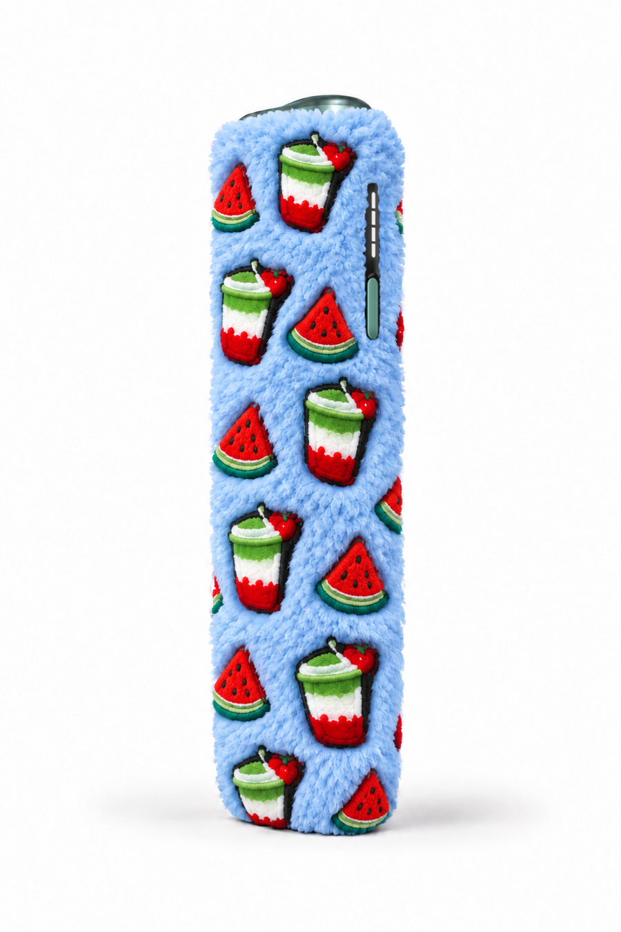 Light-blue fluffy case with watermelon and smoothie charms