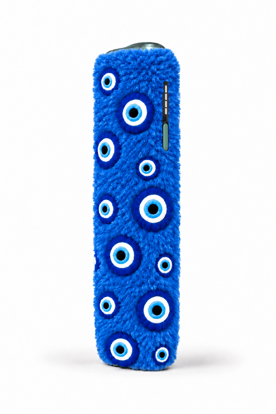 Cobalt-blue fluffy case with evil-eye charms