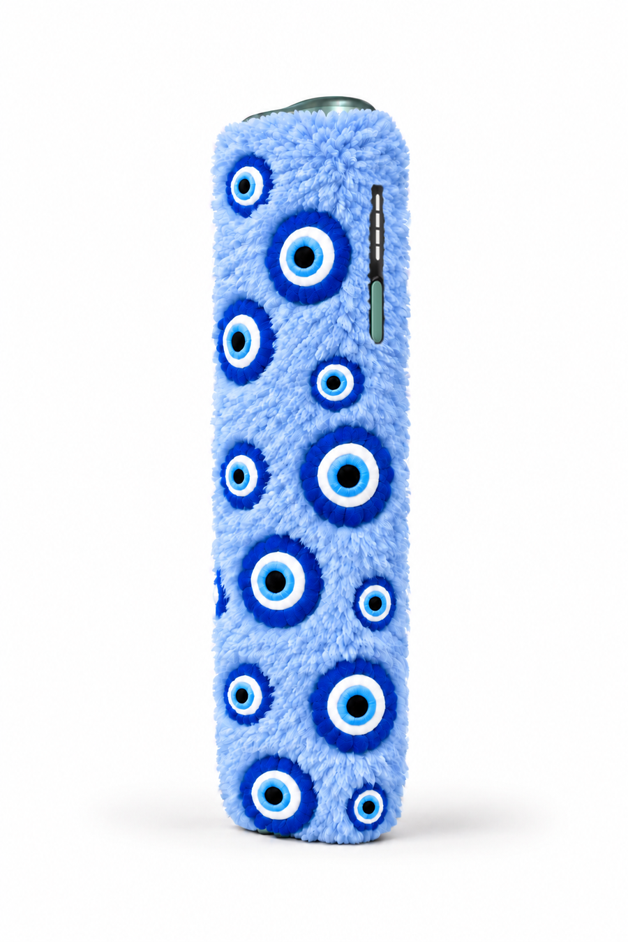 Light-blue fluffy case with cobalt evil-eye charms