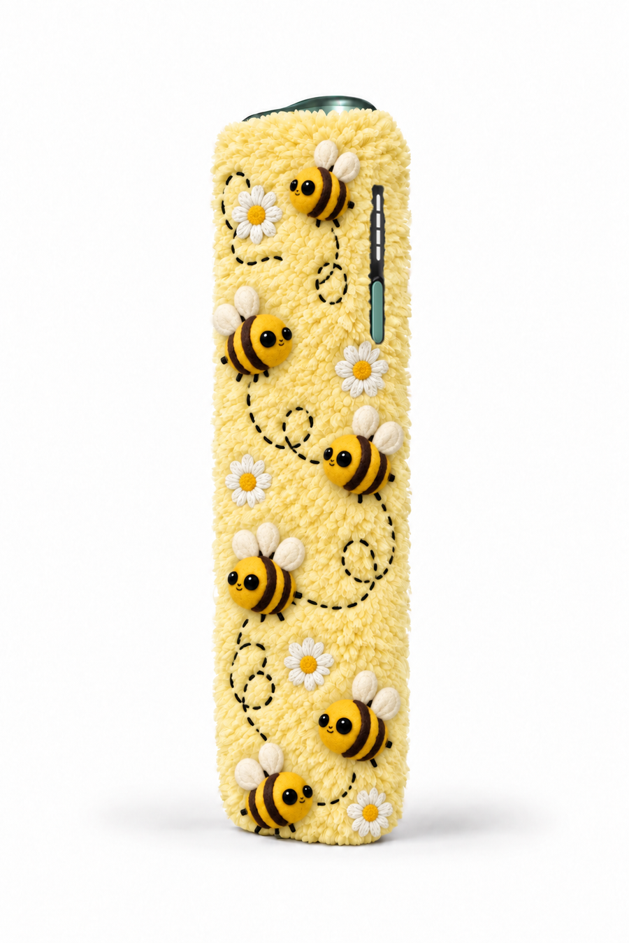 Yellow fluffy case with bees and daisies
