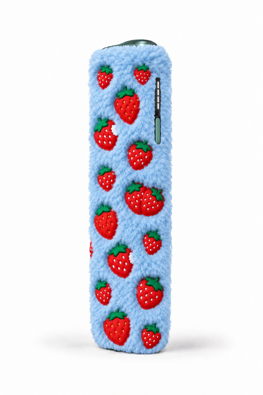 Baby-blue fluffy case with strawberry charms