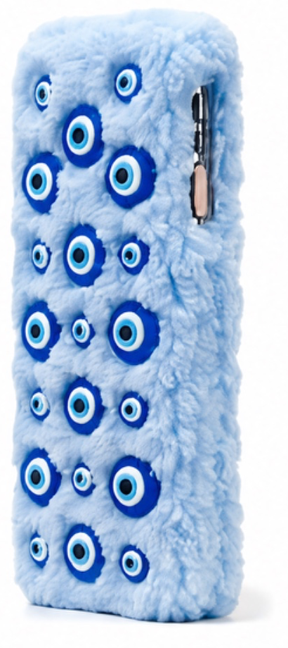 Light-blue fluffy case covered in cobalt evil-eye charms