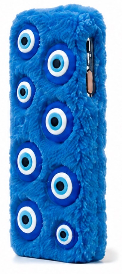 Cobalt-blue fluffy case with large evil-eye charms