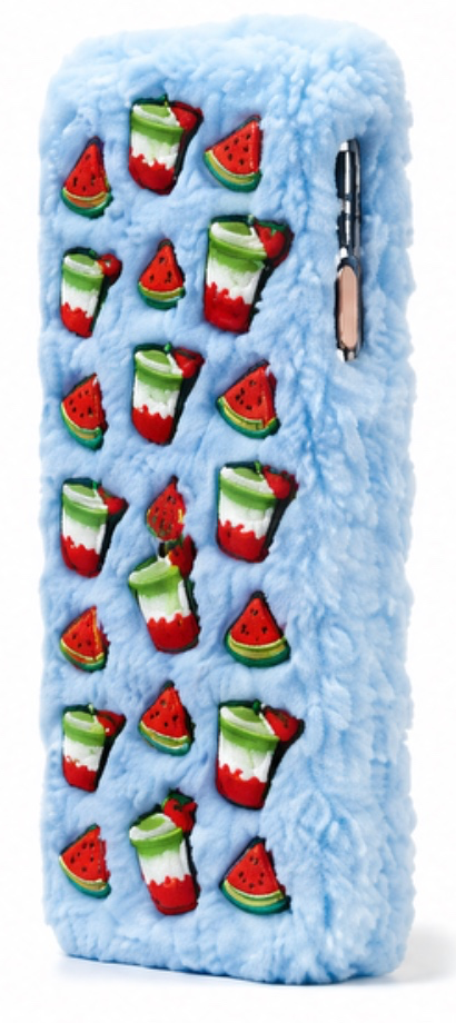 Light-blue fluffy case with watermelon and smoothie charms