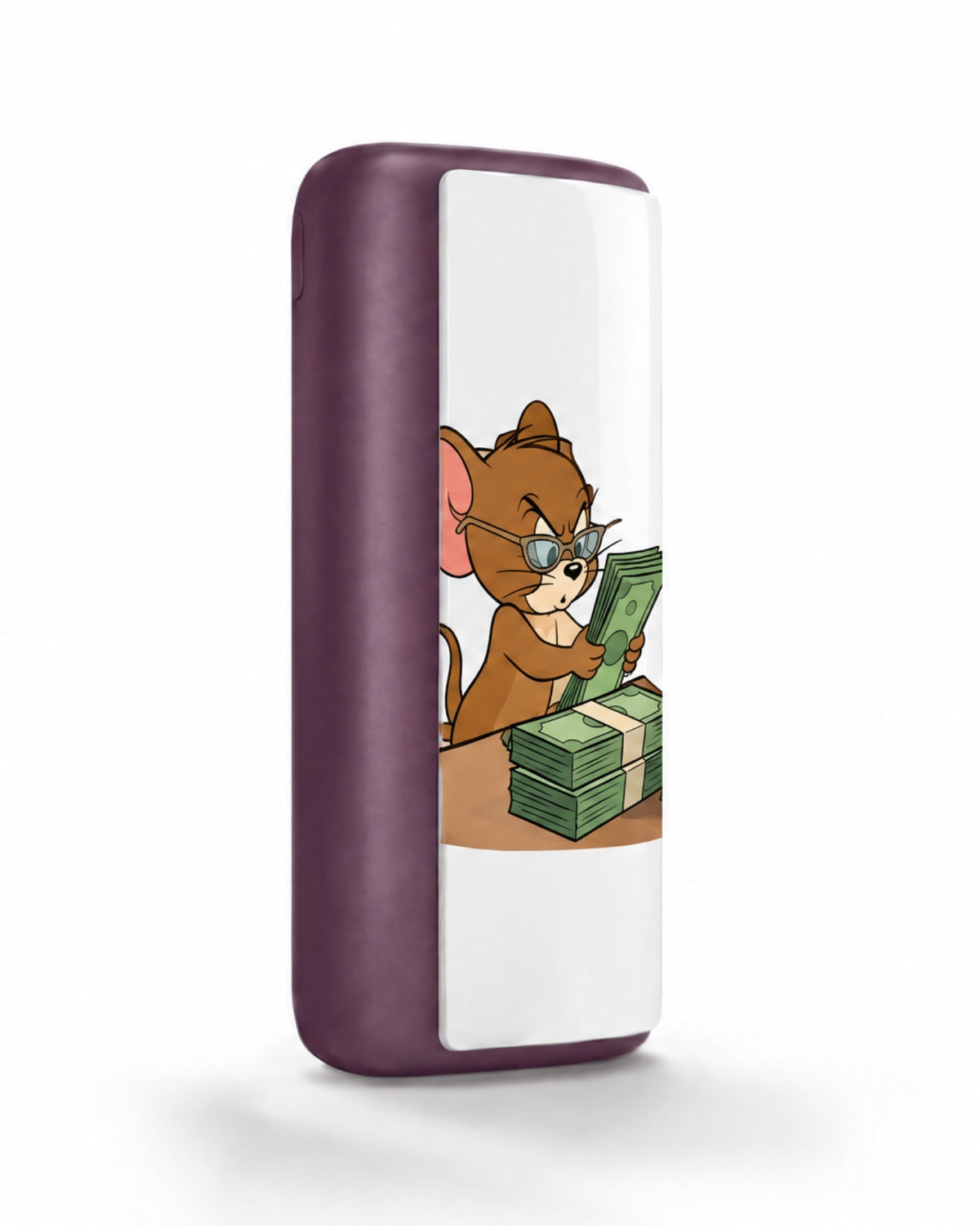 Plum magnetic case printed with a cartoon mouse counting money