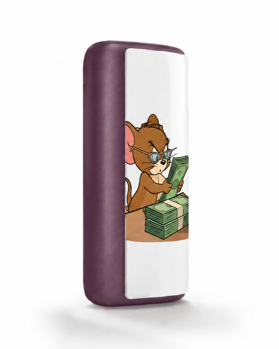 Plum magnetic case printed with a cartoon mouse counting money
