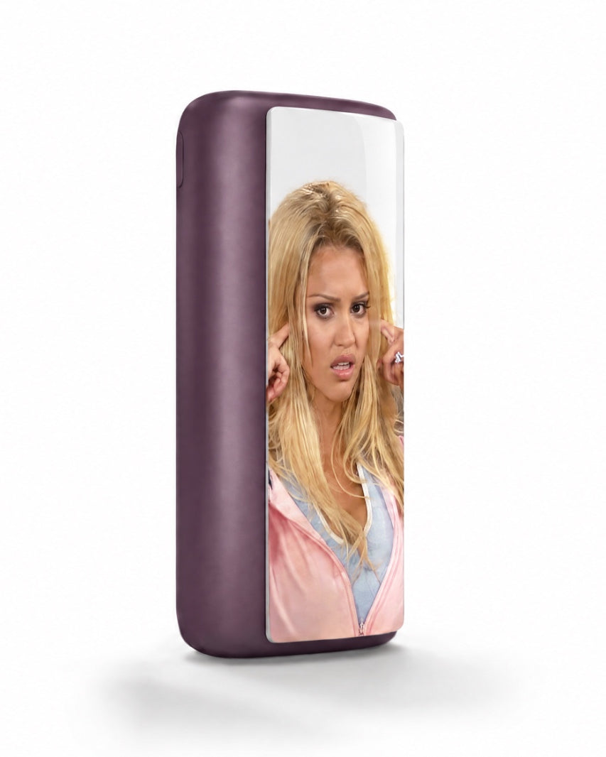 Plum magnetic case printed with a woman covering her ears