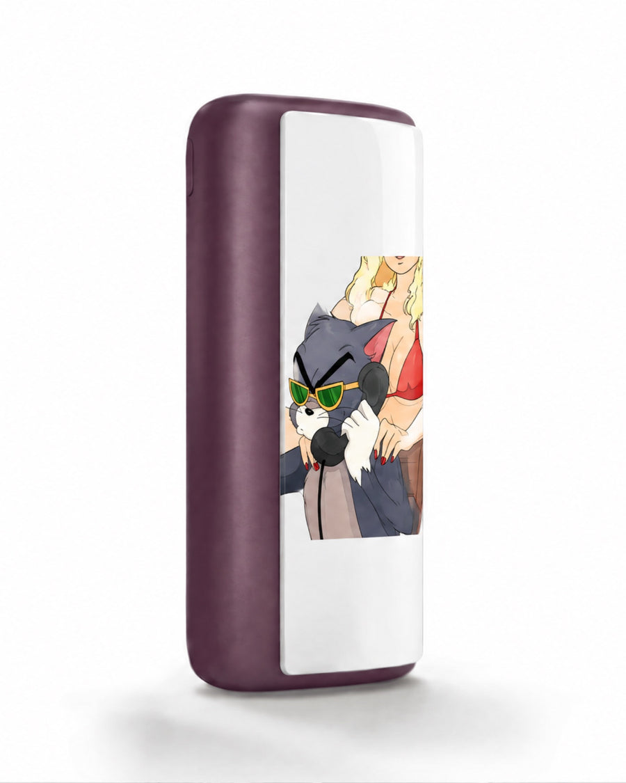 Plum magnetic case printed with a cartoon cat on a retro phone