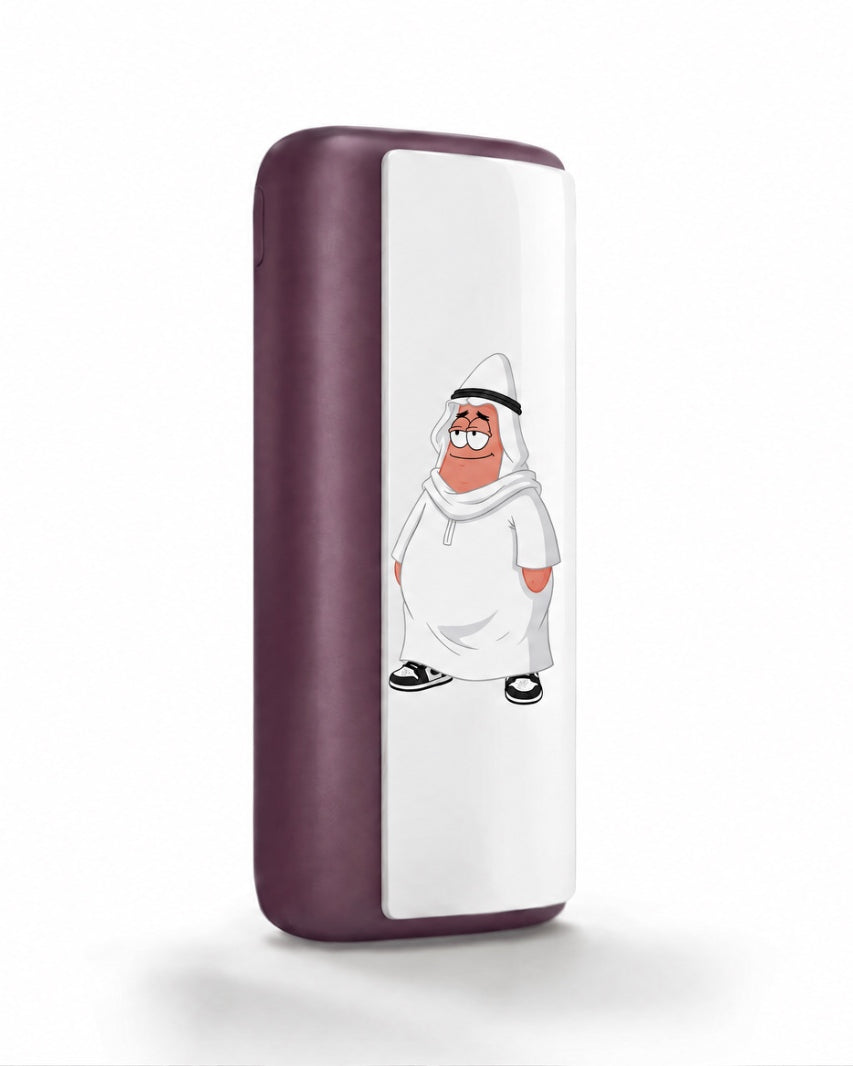 Plum magnetic case printed with a cartoon star in a white thobe