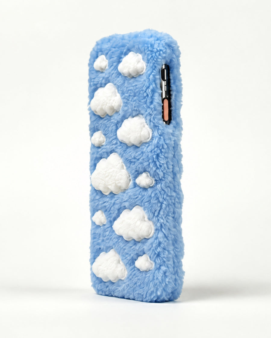 Baby-blue fluffy case with white 3D clouds