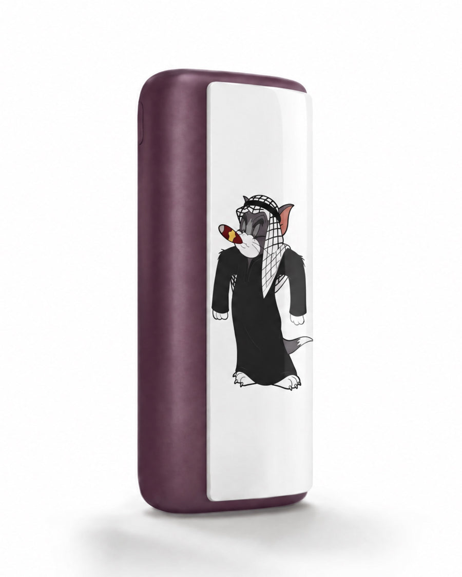 Plum magnetic case printed with a cartoon cat in a black thobe