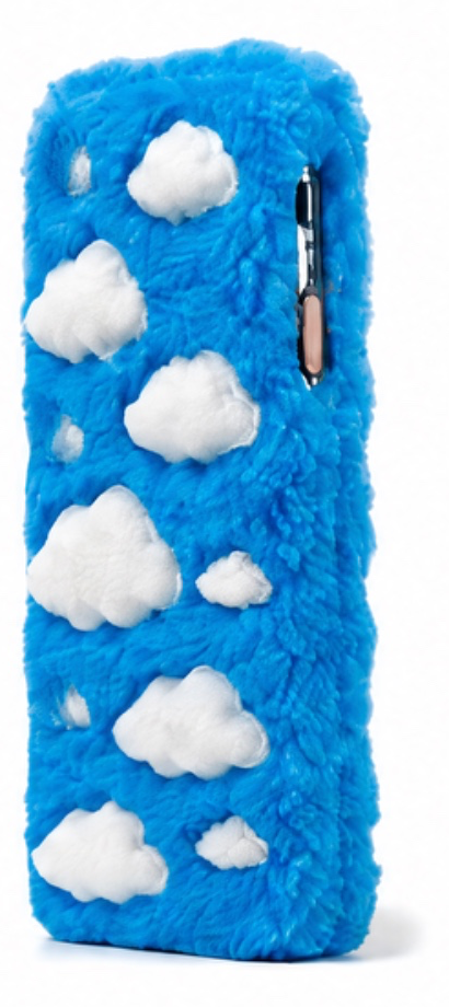 Bright blue fluffy case with puffy white 3D clouds