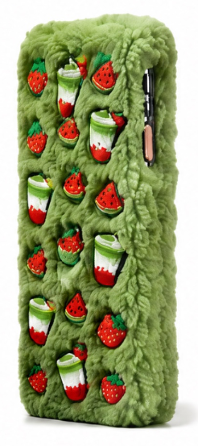 Green fluffy case with strawberry, watermelon and drink charms