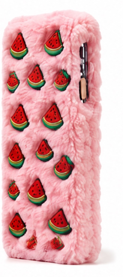 Pink fluffy case with watermelon-slice charms